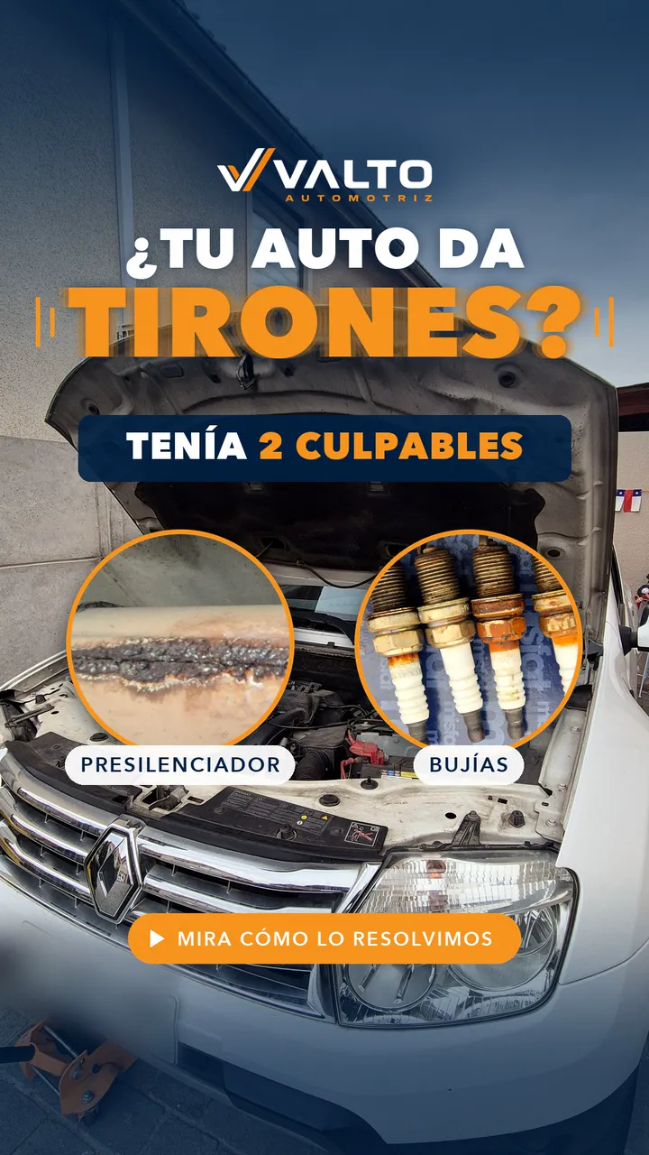 Renault Duster con el capó abierto y, en círculos, el presilenciador oxidado y las bujías retiradas
