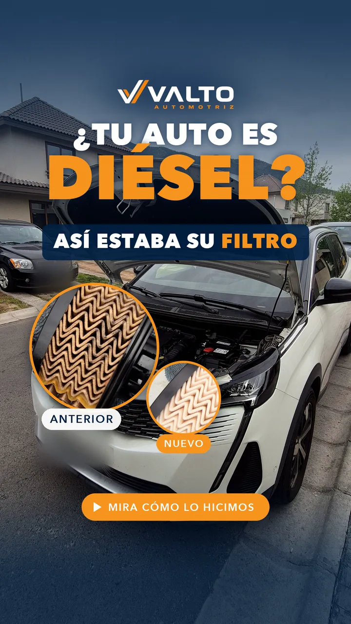 Peugeot 3008 blanco con el capó abierto y la comparación entre el filtro de combustible anterior y el nuevo