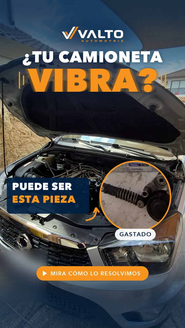 Camioneta SsangYong con el capó abierto y, en un círculo, el tensor de la correa de accesorios gastado