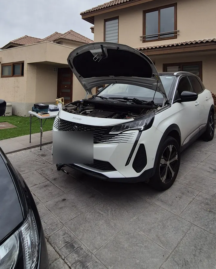 Peugeot 3008 blanco con el capó abierto frente a una casa en Ciudad de los Valles